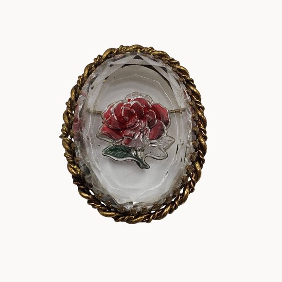 Vintage Gold-Toned Frame Clear Glass Red Handpainted Rose Brooch Fashion Jewelry - Picture 3 of 16